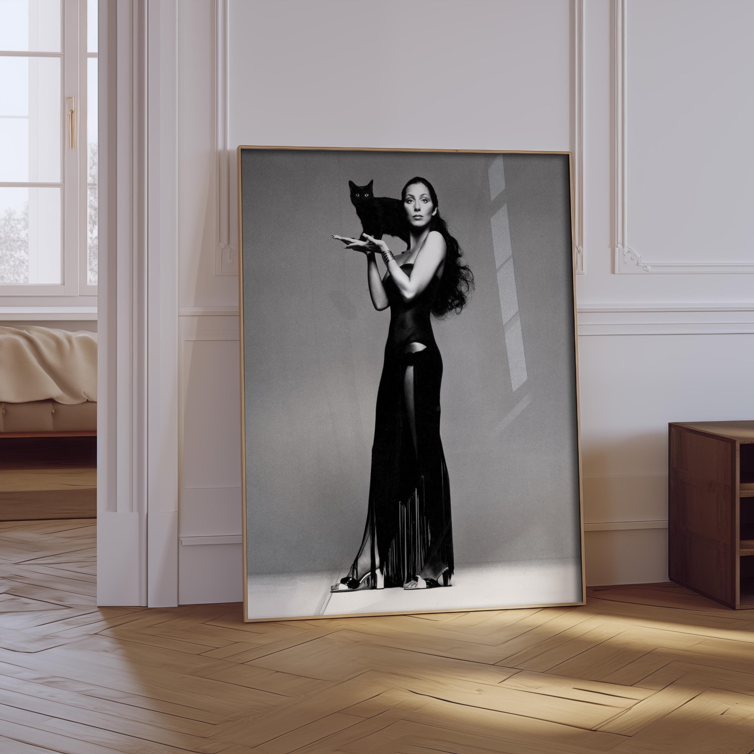 チャー Cher 全身ポスター 大型 594mm×1680mm Cher With a Black Cat Wall Art, Cher Poster, Cher Black and White