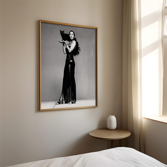 Cher With a Black Cat Wall Art, Cher Poster, Cher Black and White