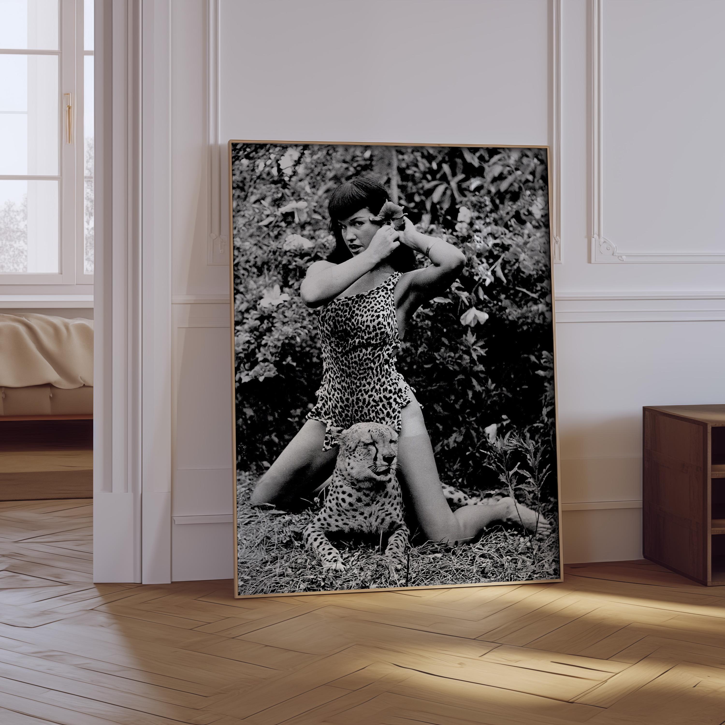 Bettie Page with Cheetah in Leopard Print Wall Art, Bettie Page poster, Bettie Page Black and White Art