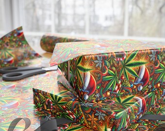 May include: A stack of colourful Christmas wrapping paper featuring a festive design with green marijuana leaves, candy canes, baubles, and Santa hats.