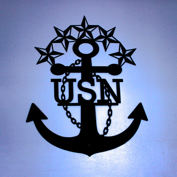 USN Navy Anchor with Nautical Stars and Chain Metal Art Wall Decor - Powder Coated Matte Black for Indoor or Outdoor Display