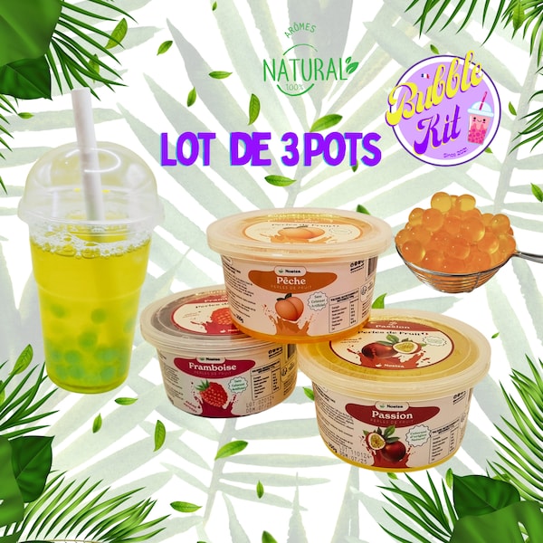 Lot de 3 pots de perles de fruit pour Bubble tea (Popping Boba) - 3x450g - Arôme et colorant naturels - Fabrication Française