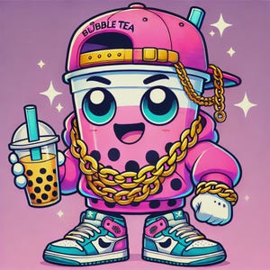 May include: A cartoon illustration of a bubble tea character wearing a pink cap with "Bubble Tea" text, a gold chain, and sneakers. The character is holding a bubble tea drink. The background is a gradient of pink and purple with star accents.