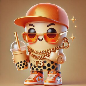 Peut inclure: Un personnage de dessin animé ressemblant à un bubble tea, portant une casquette orange, des lunettes de soleil et des bijoux en or. Le personnage tient un bubble tea et porte des baskets oranges et une jupe à pois. Le personnage a les initiales "TB" sur sa poitrine.