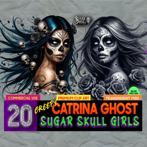 Griezelige Catrina Ghost Sugar Skull Girls-clipart | 20 png-bestanden | Sublimatie | Commercieel gebruik