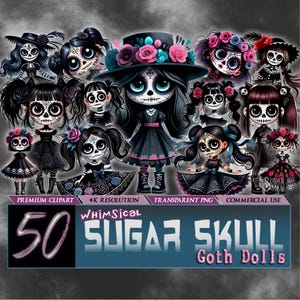 50 wunderliche, Goth Style Tag der Toten Mädchen | Dark Fantasy Clipart, Dia De Los Muertos Zuckerschädel PNG Bundle, gruselige süße Ästhetik