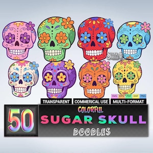 50 Sugar Skull Doodle Bundle | multi-format | SVG PNG EPS + | Day of the Dead Clipart Set for Crafts & Sublimation