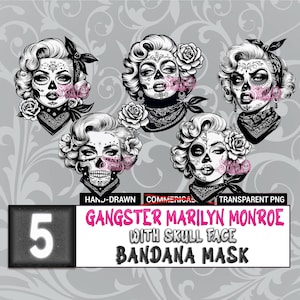Gangster Marilyn Monroe Schädel Gesicht Bandana Maske Clipart | Schwarz und Weiß PNG 5er Set | Tag der Toten Illustration | Vintage Tattoo Kunst