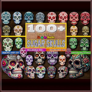 Plus de 100 images clipart crâne en sucre, graphiques Dia de los Muertos colorés, dessins du jour des morts, téléchargement immédiat, usage commercial, fichiers PNG