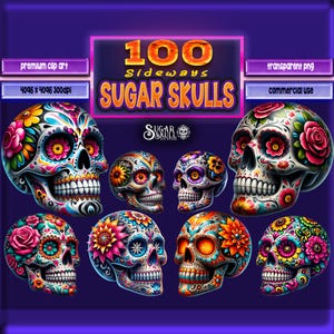 100 seitlich Zuckerschädel PNG Clipart Paket | Dia de los Muertos Kunst | Sofortdownload | Tag der Toten