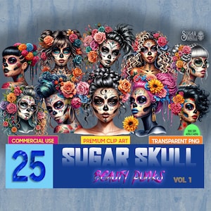Beauty Punk Sugar Skull Girls Vol 1 | Conjunto de 25 PNG Clipart | Edgy Day of the Dead Gráficos de uso comercial | Dia De Los Muertos Art