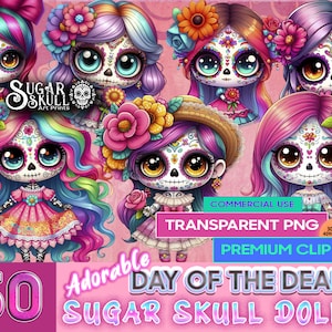 50 Adorable Day of the Dead Sugar Skull Doll Girl PNG Clip Art | Digital Downloads for Crafts & Creative Projects