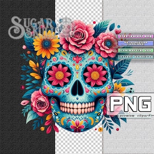 Clipart PNG peint à la main tête de mort en sucre du Mexique, graphique aquarelle, conception par sublimation, oeuvre d'art à usage Commercial