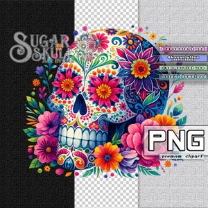 Day of the Dead Sugar Skull: Aquarell PNG Clipart mit Blumen Motiven | Sublimationsdruck | Kommerzielle Nutzung