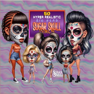 50 Bobblehead Zucker Schädel Mädchen PNG Clipart | Dia de los Muertos Digitaler Download | Tag der Toten Puppen Art Printables