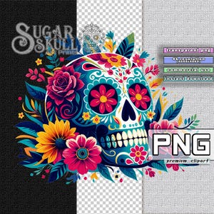 Tête de mort en sucre vibrante PNG Clipart, graphique de Sublimation aquarelle peint à la main, usage commercial Art, Dia de los Muertos