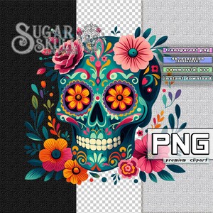 Calavera de azúcar festiva PNG: Clipart de acuarela para manualidades del Día de los Muertos / Sublimación / Uso comercial