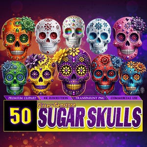 Glitzernde Edelstein Sugar Skulls PNG Clipart | Funkelnder Tag der Toten Clip Art | Glänzende mexikanische Schädel Designs | Basteln, Einladungen, DIY