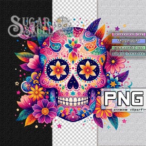 Clipart belle tête de mort en sucre : aquarelle peinte à la main | Motif floral coloré pour sublimation et usage commercial