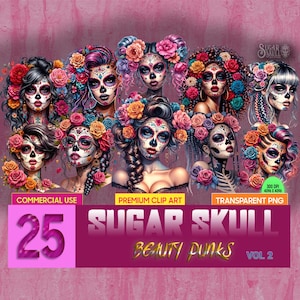 Beauty Punk Sugar Skull Girls Vol 2 | Conjunto de 25 PNG Gráficos de Uso Comercial | Boho Dia dos Mortos Clip-Art | Dia De Los Muertos Art