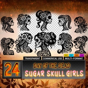Floral Sugar Skull Girl SVG-Set mit 24 Designs, Tag der Toten Clipart für Sublimation, Kunsthandwerk, Kleidung, Aufkleber und mehr