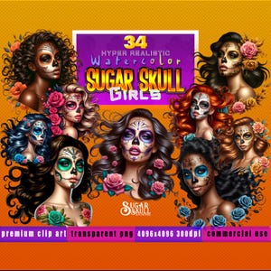 Zucker Schädel Schönheit La Catrina Sammlung Clipart | 34 PNG Tag der Toten Sugar Skull Mädchen | Dia De Los Muertos | Kommerzielle Nutzung