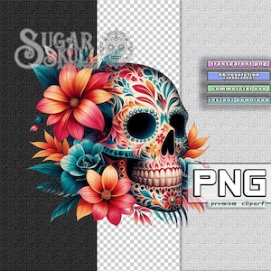 Clipart crâne en sucre mexicain téléchargeable du Jour des morts : Aquarelle peinte à la main PNG | Conception par sublimation | Utilisation commerciale