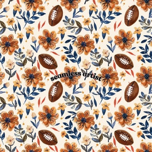 Floral Football Autumn Seamless Pattern | Digital Download | Unlimited Commercial Use | Baby Clothing | Watercolor Design | Craft | Fabric