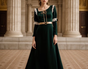 Robe Renaissance en velours avec ceinture | Robe ras du cou à manches longues pour femme | Robe cosplay déesse | Robe de soirée d'été élégante