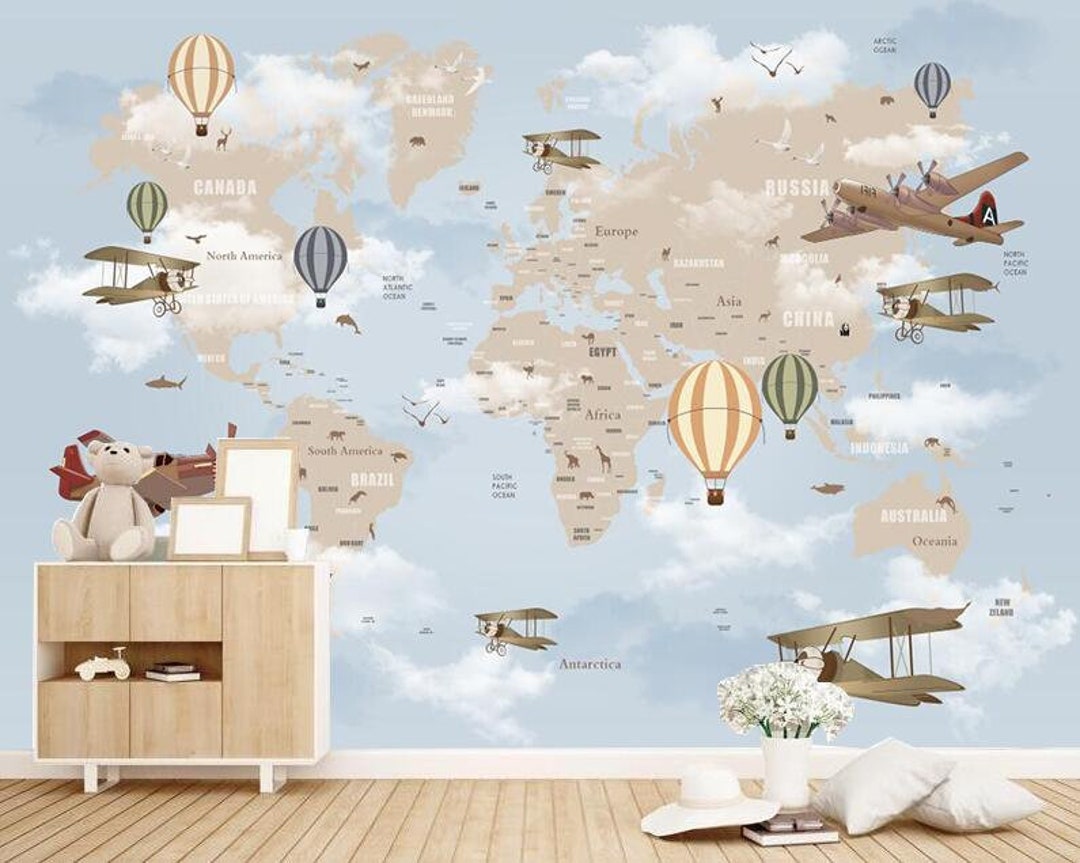 Custom Cartoon World Map Mural, Tapestry & Children's Room Wallpaper ...