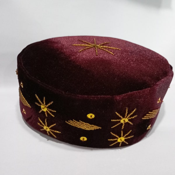 Maroon Chieftaincy Beaded Hat for Men, African Wedding Outfit for Grooms and Groomsmen