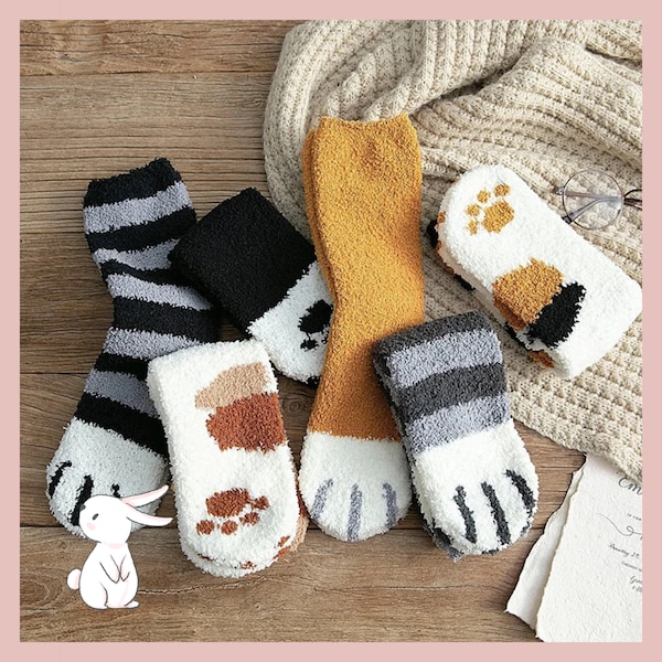 Cute Cat Paw Pattern Socks - Comfy Plush Cotton, Women's Winter Sleepwear, Charming Floor Sox, Unique Gift for Pet Owners, Casual Socks,catt