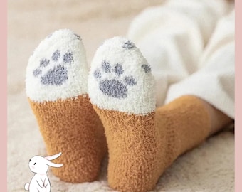 Cat Pattern Paw Socks  Comfy Plush Cotton, Women's Winter Sleepwear, Charming Floor Sox, Unique Gift for Pet Owners, Casual Socks,catt