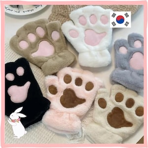Rave Soft Plush Cat Bear Paw Gloves, Warm Half Finger Fingerless Mittens for Cosplay & Holiday Gift