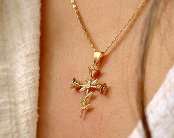 Rose Cross Necklace: 14k Gold Filled Religious Pendant