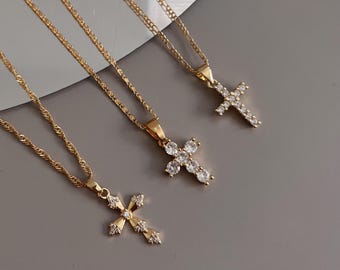 18K Gold Filled Cross Necklace: Zirconia Religious Pendant