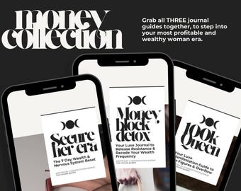 May include: Three smartphone screens displaying journal covers with the text "Secure Her Era", "Money Block Detox", and "100k Queen". Each cover features a black and white illustration of a crescent moon and a circle.