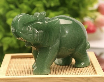 Green Jade Elephant for good luck & Feng Shui, Statue Ornament Chakra Healing Stones, Elephant Green Aventurine Jade Stone