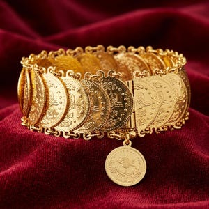 May include: A gold-toned bracelet constructed from a series of circular coin-like charms linked together. Each coin features an embossed intricate design and calligraphy. A single circular coin charm hangs from the centre of the bracelet.