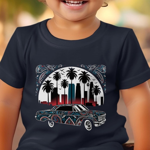 LA Skyline, Palm Trees And Lowrider Baby Short Sleeve Tee- Unique Urban Kids Fashion Infant Fine Jersey Tee