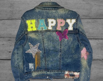 HAPPY Kids Denim Jacket, Jean Jacket for Kids, Toddler Jean Jacket, Girls Denim Coat, Unique Handmade Design, Chenille Patches, Sparkles