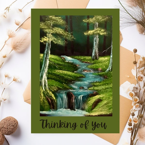 Printable Thinking of You card, scenery waterfall,  popular now digital download. gift for her, gift for him, special occasion, oil print