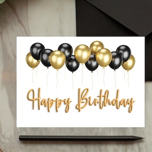 Ensemble enveloppe et carte d'anniversaire à imprimer élégants ballons noirs et dorés | Téléchargement numérique DIY pour les anniversaires d'enfants ou d'adultes