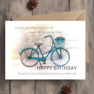 Carte d'anniversaire humoristique imprimable avec un design vélo - téléchargement immédiat pour lui, parent, frère ou sœur, ami - enveloppe DIY incluse
