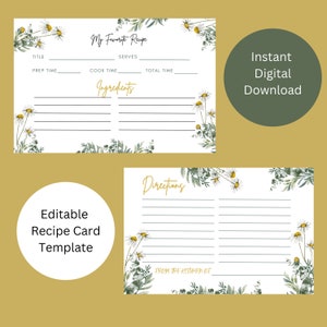 Aanpasbare receptkaartsjabloon - afdrukbaar 4 x 6 wilde bloemenontwerp, voor- en achterkant, bewerkbaar - thuis afdrukbaar - personaliseer je recepten