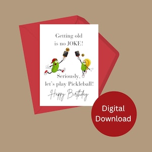 Tarjeta de feliz cumpleaños divertida e imprimible para fanáticos del pickleball, sobre para armar, descarga instantánea, diseño divertido de personajes de pickleball
