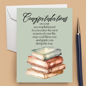 Carte imprimable numérique de félicitations chrétiennes pour l'obtention du diplôme ou l'atteinte d'un objectif, message inspirant, modèle d'enveloppe bricolage instantané