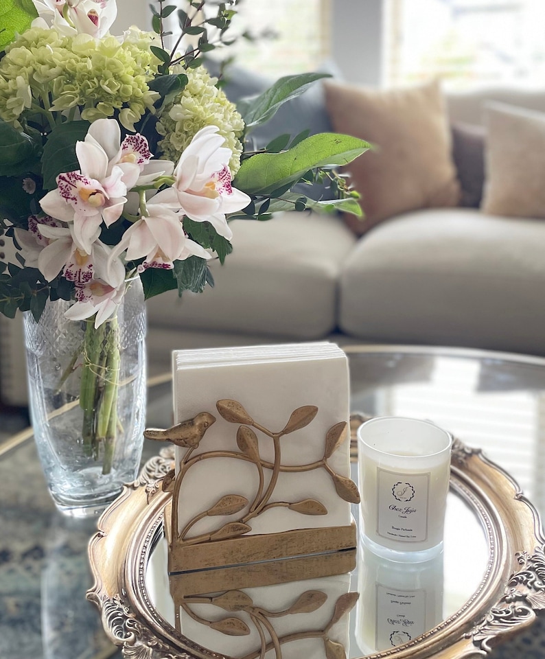 Golden Bird Vertical Napkin Holder | Elegant Sturdy Disposable Paper Hand Towel Storage Tray Caddy