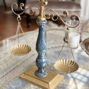 Vintage Libra Jewelry Tower: Bronze Balance Scale Sculpture