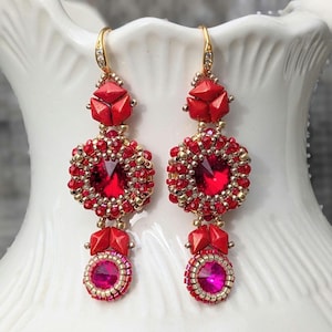 Handmade Red Gold Pink Crystal Earrings – Elegant Beaded Jewelry with CZ Accents, Gold-Plated Wire